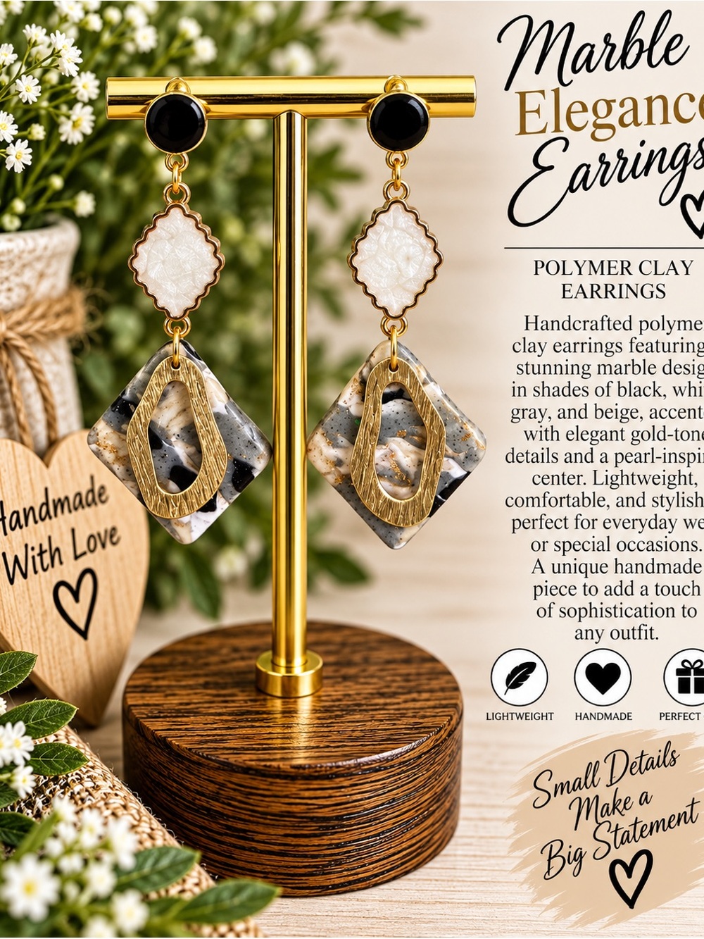 Marble Elegance Dangle Earrings in Black, White & Gold